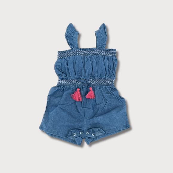 Vince Camuto Baby Girl Denim Romper 24 Months Smocked Pink Tassel Summer Outfit - Picture 1 of 3